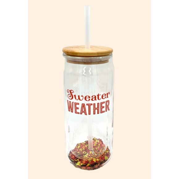 NWT SWEATER WEATHER NORDSTROM TMD DBL GLASS TUMBLER CONFETTI LEAVES BAMBOO LID - Picture 1 of 5